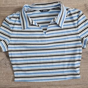 Shein - White w/ Blue & Black stripes Collar SS Crop top - Juniors Medium